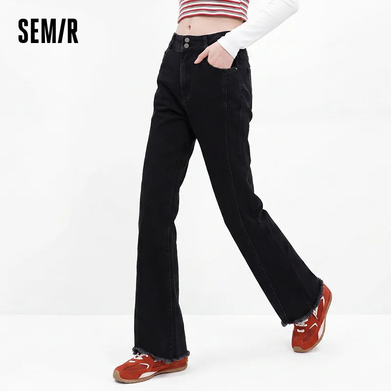 Semir Women Jeans Split Flare Raw Hem Washed Retro Slim Look 2026 Autumn Street Style Soft Denim Long Pants Daily Wear