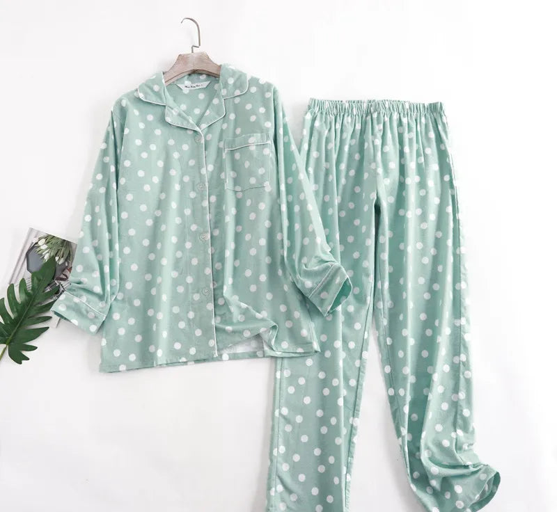 Casual Polka Dot Women's Pajamas Set Lapel Long Sleeve Shirt Pant Suit Spring Autumn Sleepwear Pyjamas Femme Home Wear Clothes