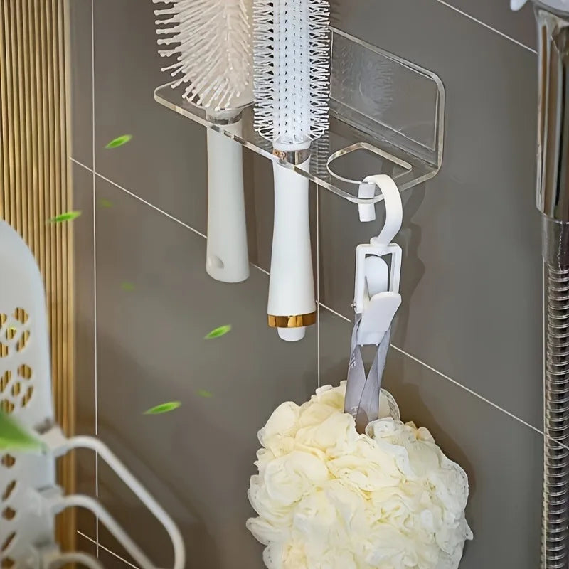 1pc Transparent Plastic Bathroom Organizer Rack, Wall-Mounted No-Drill Storage Rack for Hair Brush. Bathroom Accessori.