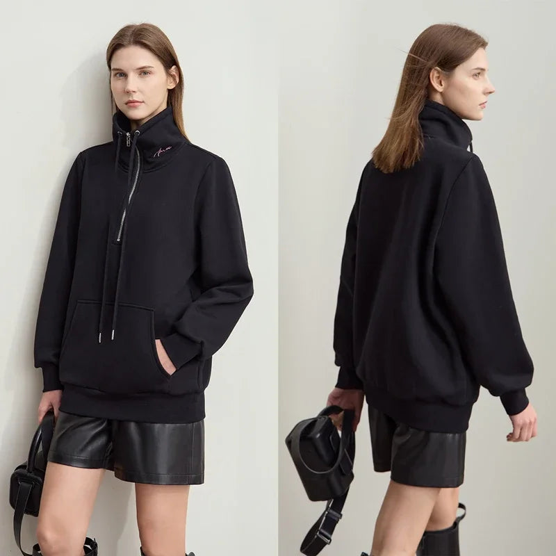 AMII Minimalism Women's Turtleneck Sweatshirts Casual Zipper Letter Embroidery 2026 Winter New Commuter Fleece Hoodies 12444129