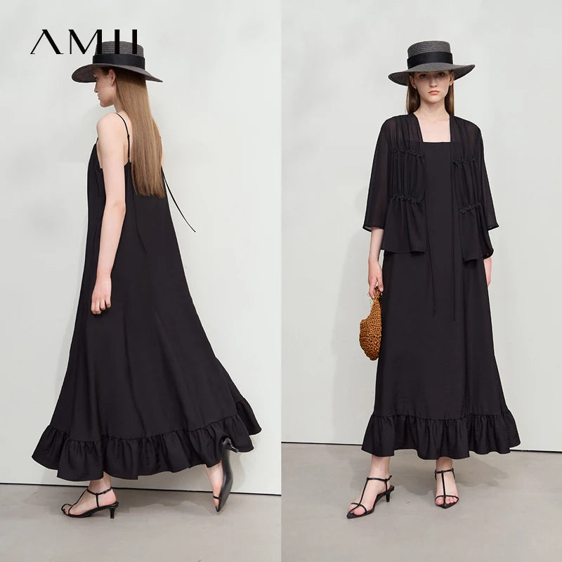 AMII Minimalist Vacation Lyocell Dresses 2026 Summer Beach Women Clothing Party Suspender Lotus Edge Long Black Dresses 12542159