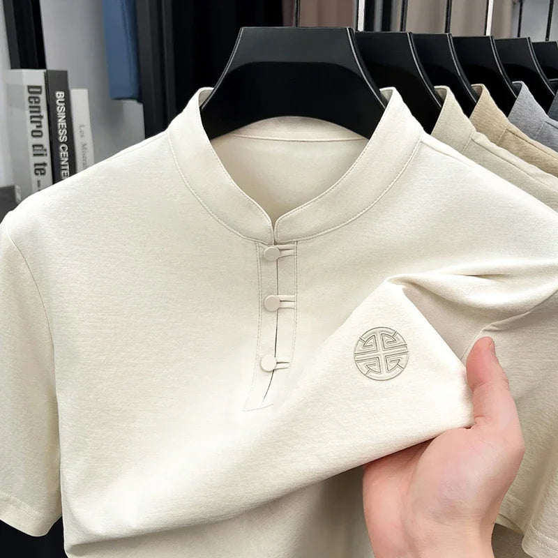 Men Mandarin Collar Short Sleeve T Shirt Casual Chinese Style Frog Button Top With Embroidery Breathable Summer Tee