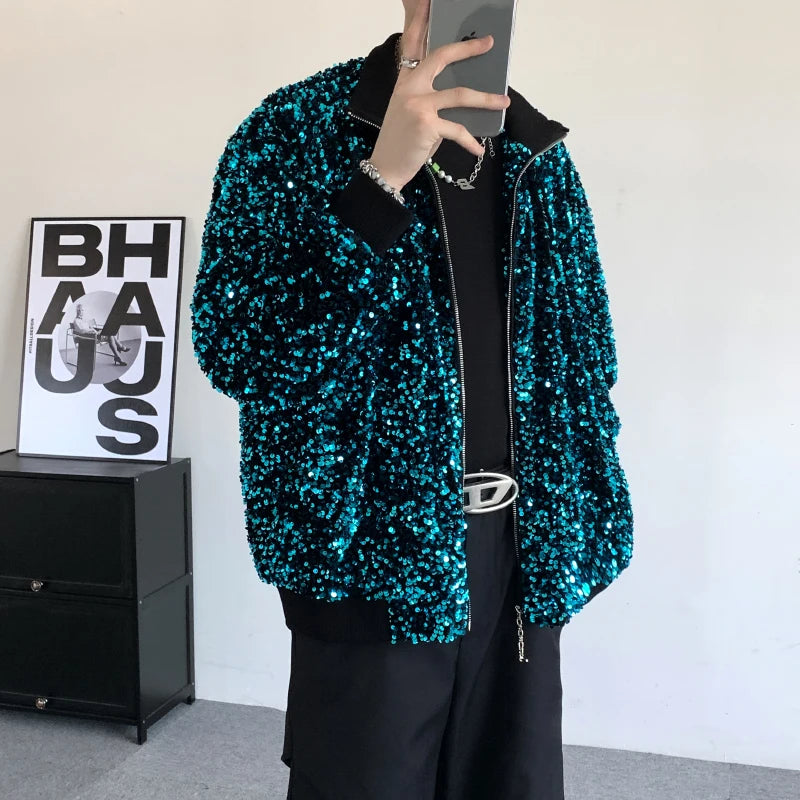 Best Seller: Loose-fitting Men's Long-sleeve Jacket with Blue Circular Sequin Embellishments;Unisex Top for Singers,Dancers, DJs