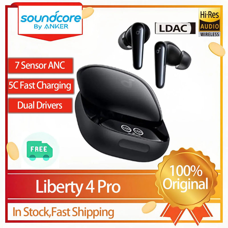 កាសស្តាប់ត្រចៀក Soundcore Original Liberty 4 Pro កែសម្រួលកម្រិត ANC ជាមួយ Touch Bar Bluetooth 5.3 TWS មានមីក្រូហ្វូន 6 គ្រាប់ ការហៅទូរស័ព្ទច្បាស់ កាស IPX5