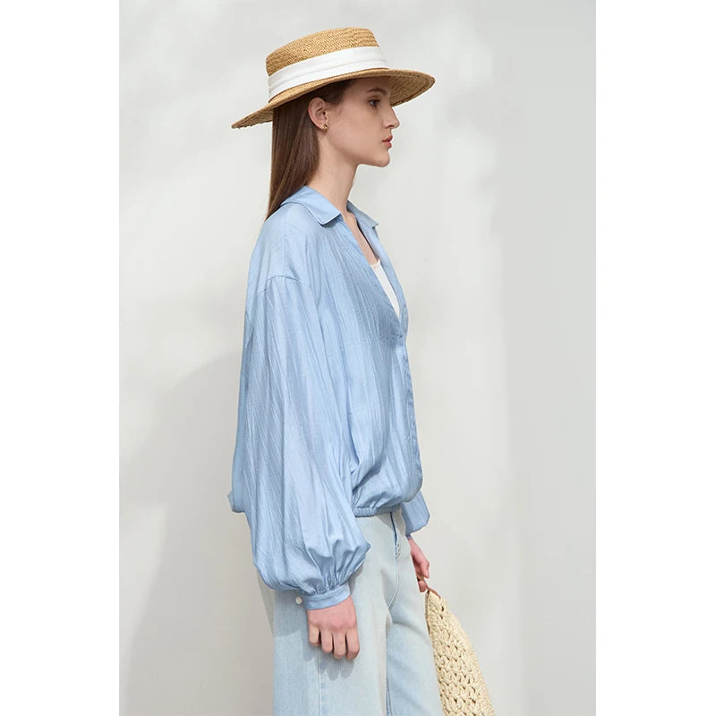 អាវ AMII Minimalist Chiffon សម្រាប់នារី រដូវស្លឹកឈើជ្រុះឆ្នាំ ២០២៦ ថ្មី ធម្មតា អក្សរសាស្ត្រ Lapel V-Neck ដៃអាវរាងចង្កៀង អាវរលុង 12541132