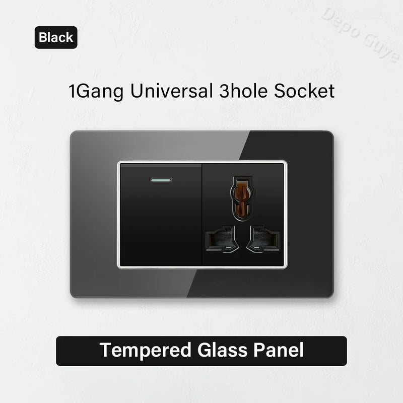 Type 118 Black Tempered Glass Panel EU Wall Light Switch,Europe Wall Socket With USB Type-c 18W Quick Charge Outlet 118*75mm