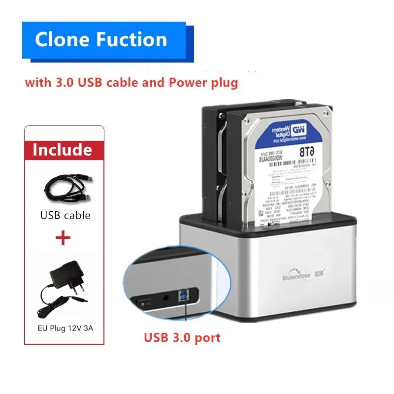 ប្រអប់ HDD ពីរ Bay Blueendless ស្ថានីយ៍ចត SSD ករណីក្រៅបណ្តាញក្លូន SATA ទៅ USB 3.0 អាដាប់ទ័រចម្លងសម្រាប់ថាស SSD/HDD ទំហំ 2.5 3.5