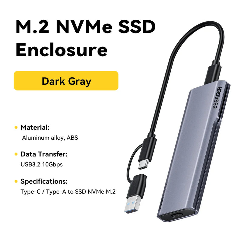 ឧបករណ៍ភ្ជាប់ Essager M.2 NVMe SSD Adapter 10Gbps USB 3.2 Gen2 Mobile Case 2 in 1 Type C/USB A Ports External Hard Disk Enclosure