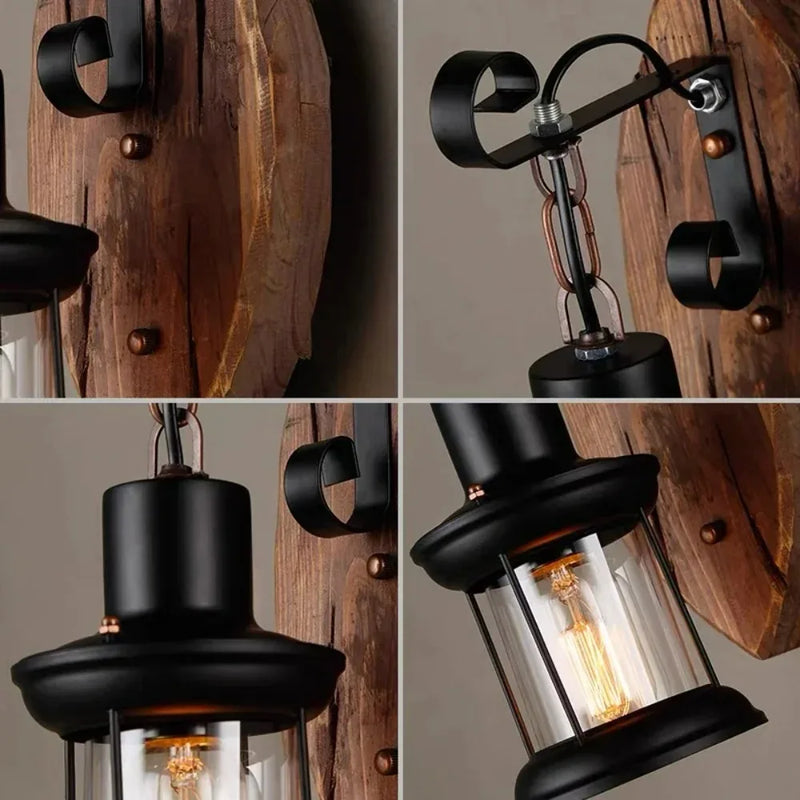 ចង្កៀងជញ្ជាំង LED ឈើបែបឧស្សាហកម្មបែបបុរាណបែបណ័រឌីក ជាមួយនឹងរូបរាងដ៏ប្រណិត ពន្លឺក្តៅសម្រាប់បារ ហាងកាហ្វេ សួនច្បារ E27