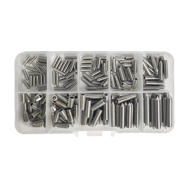 DIN914 304 -Stainless Steel Hex Socket Point Grub Screws M3 M4 M5 M6 M8 M10 Assortment Kit - High Hardness Fasteners Set