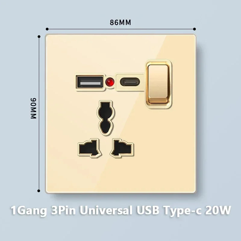Deluxe Gold Tempered Glass Universal Dual power outlet,UK 13A Wall plug socket with 20W Fast charge,Home Electrical Light Switch