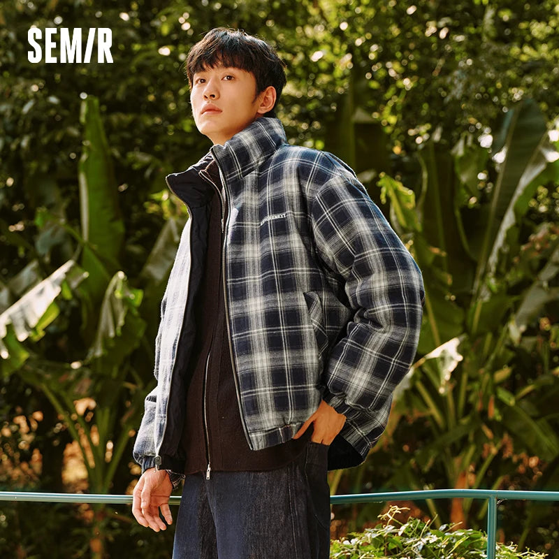 Semir Reversible Down Coat Vintage Plaid Stand Collar Men 2026 Winter 80 Fill Power Casual Stylish Warm Functional Outerwear