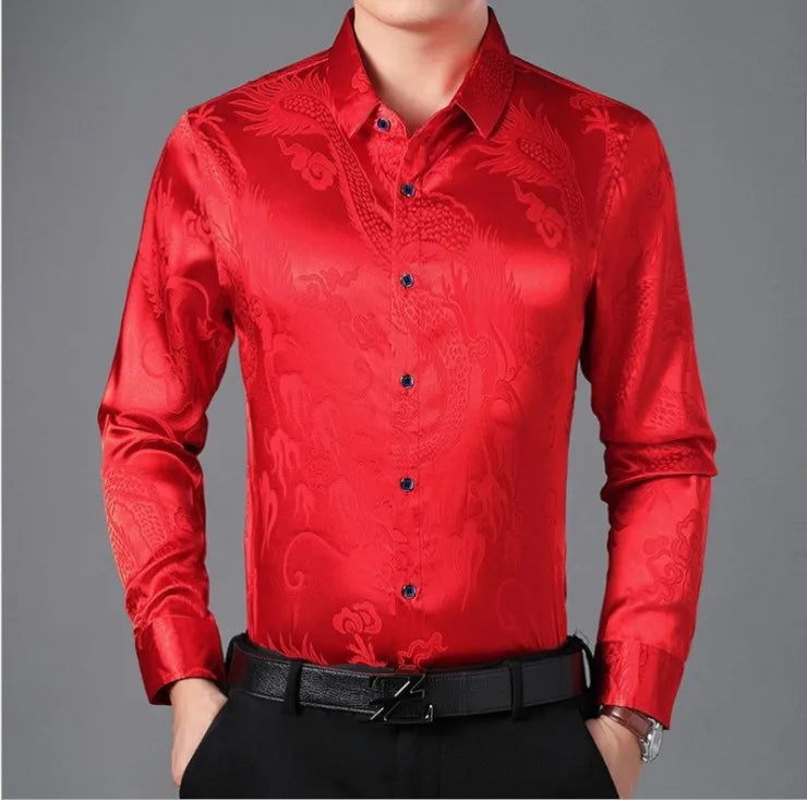Men's Red Long-sleeve Printed Shirt with A Lapel Featuring A Chinese Dragon Design. White, Blue, Yellow, Brown, and Gray.