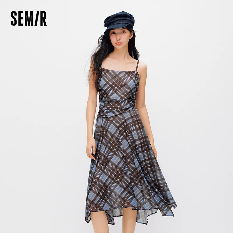 Semir Women Dress Plaid Ruched Vintage Design Sexy Stylish Slip Mini 2026 Summer Street Fashion Wear