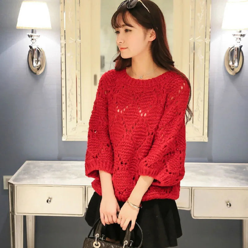 Spring Fall New Korean Ladies Sweaters Loose Casual Solid Color Sweater Half Sleeve Women's Top Pullover Femme Bottoming Shirt