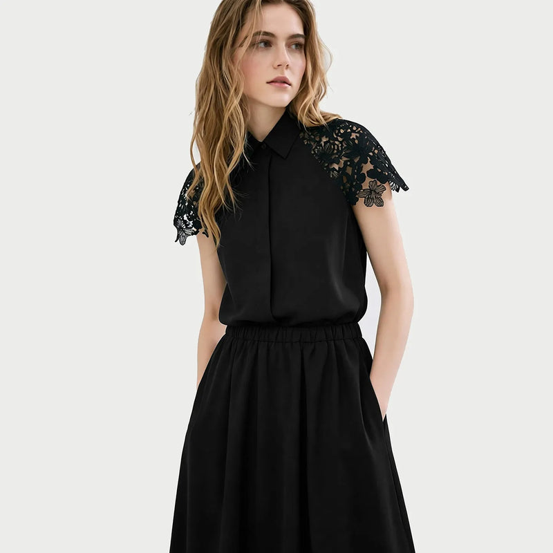 Amii Women Shirt 2026 Summer New Lace Patchwork Lapel Collar Dolman Sleeve Blouse Loose Mid Length Office Cotton Shirt 12642040