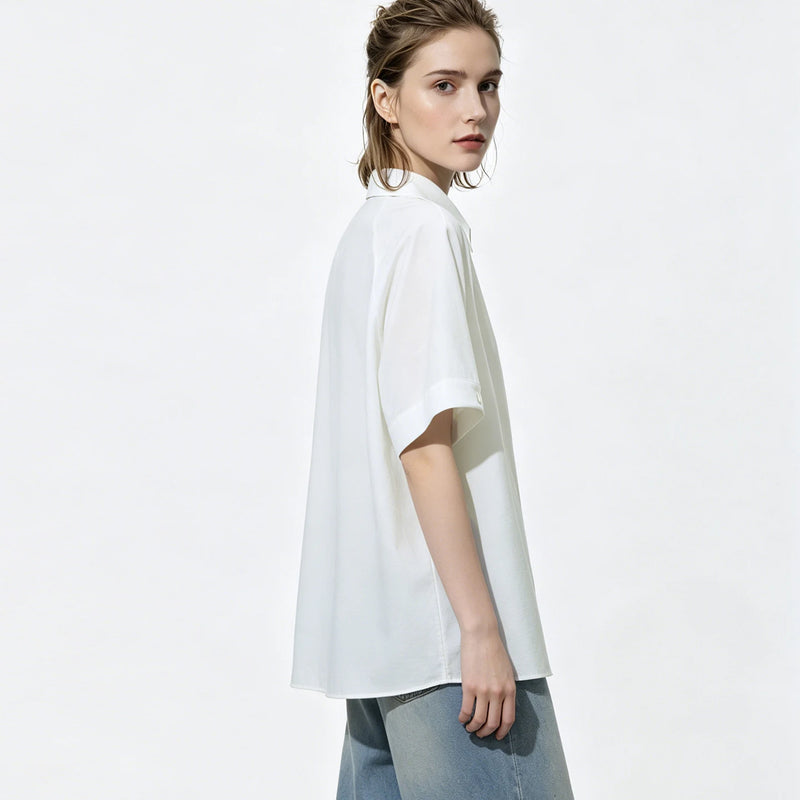 Amii White Women's Shirt 2026 Summer Lapel Collar Metal Button Dolman Sleeve Blouse Simple Loose Casual Top For Women 12642086