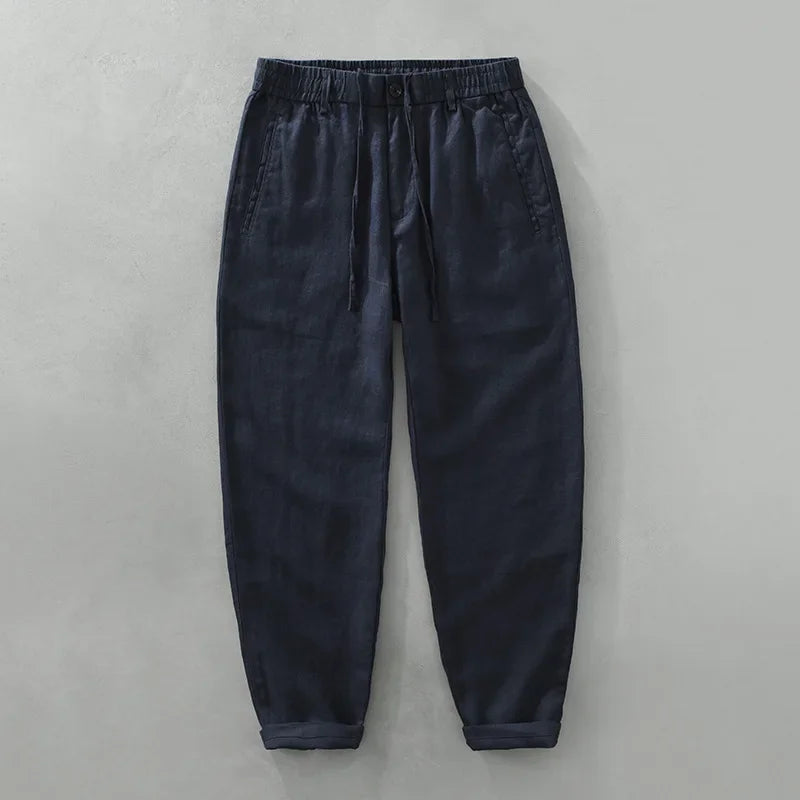 Summer New 100% Linen Casual Straight Breathable Pants Men Clothing Drawstring Solid Color Men Trousers C1606