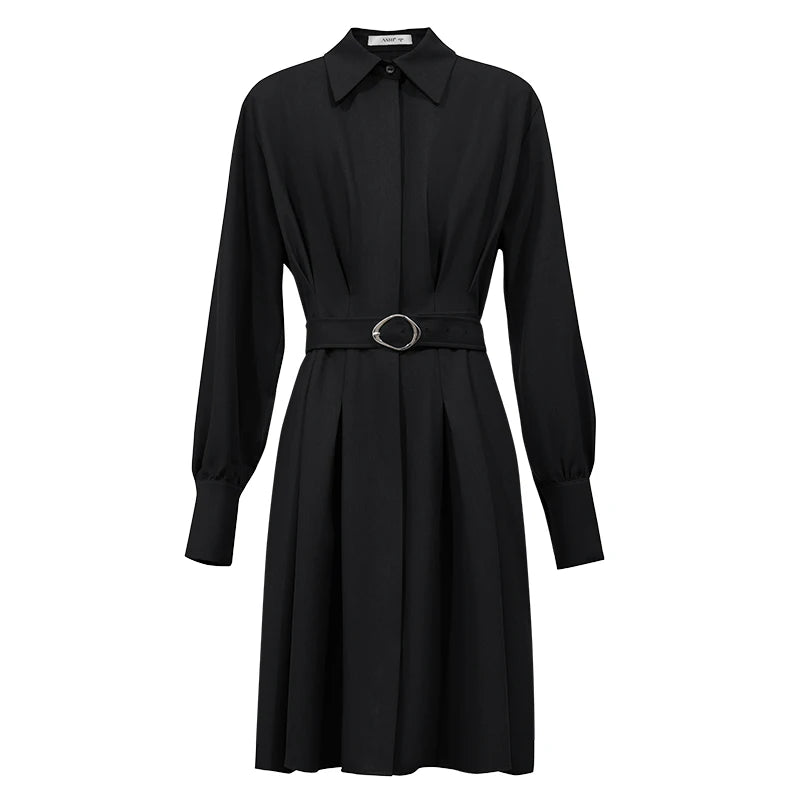 Amii Slim Women's Dress 2026 Autumn New Lapel Collar Office A-Line Midi Dresses D-ring Belt Long Sleeve Woman Clothes 12623020