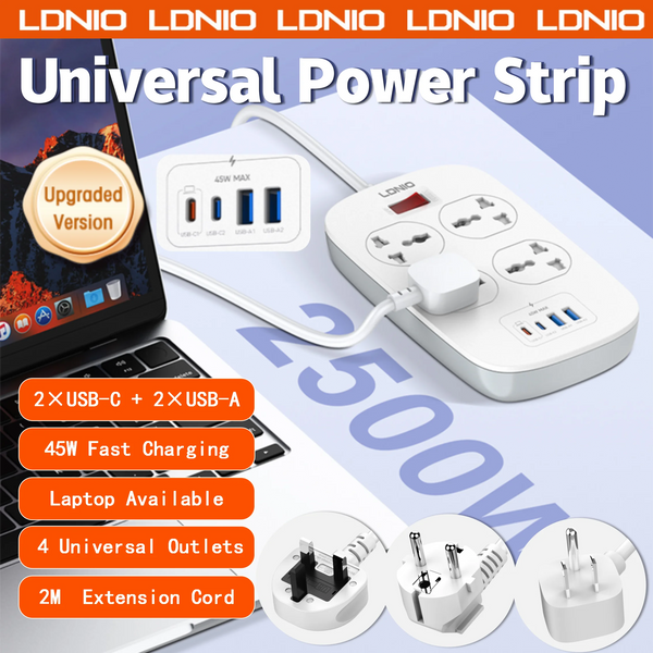 រន្ធដោតភ្លើង LDNIO ចំនួន 4 រន្ធ ជាមួយខ្សែបន្ថែមសាកលឿន 45W PD USB C USB-A សម្រាប់ការពារការកើនឡើងនៃចរន្តអគ្គិសនី EU US UK Plug Socket