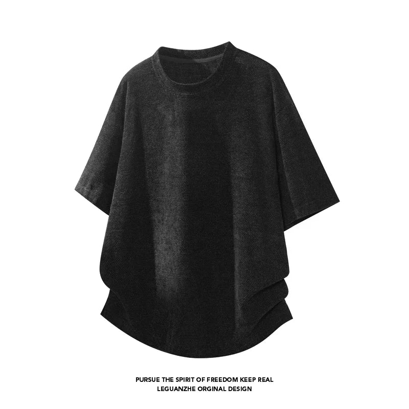 Men Crew Neck Waffle Knit Short Sleeve T Shirt Curved Hem Hemline Oversized Silhouette For Summer Street Casual Daily Wear