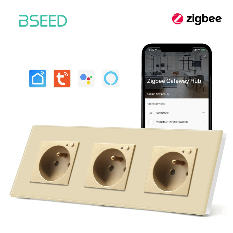 BSEED ZigBee Smart FR Socket Double Powe Sockets Triple Wall French Oulets Work With Tuya Google Home Smart Life Alexa