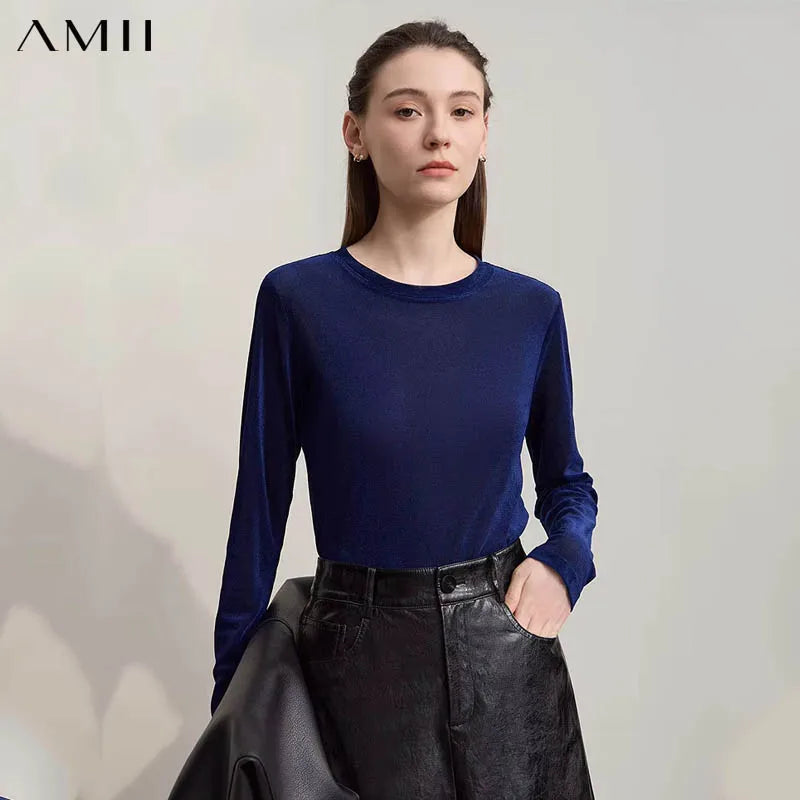 Amii Long Sleeve T-shirt 2026 Autumn New Shiny Casual ONeck Slim T-Shirt Women's Solid Color Versatile Mesh Knitted Top 12523045