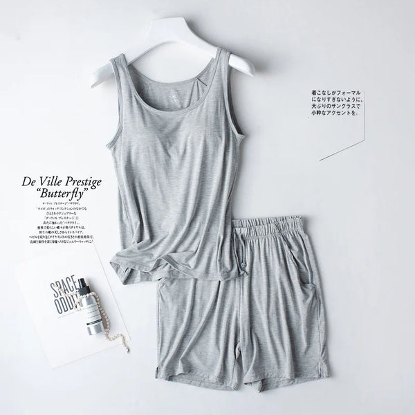 ឈុតអាវទ្រនាប់ Modal Cup Bra Pad Strap Tank Top Set Two Pieces Pajamas Women Comfort Sleepwear Short Suit Summer Lounge Wear Pijama Mujer