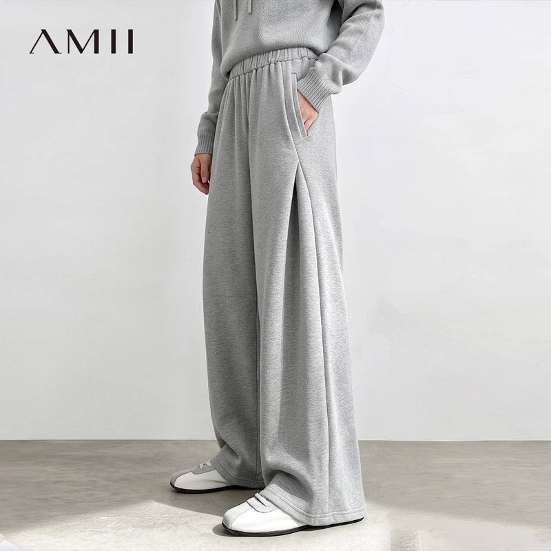 Amii Women's Pants Loose Fit Cotton Elastic Waist Wide Leg Casual 2026 Autumn New Versatile Comfortable Woman Trousers 12643036