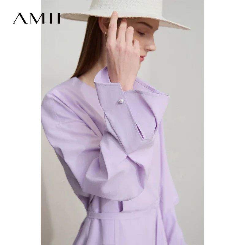 Amii Minimalist Women's V-Neck Dress 2026 Autumn New Bud Sleeve with Belt Solid Color Casual Elegant A-shaped Dress 12541108