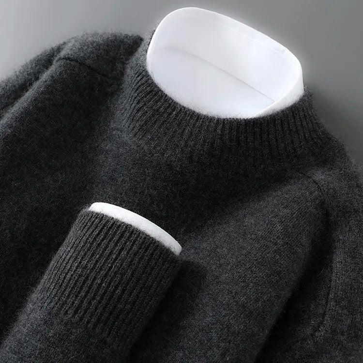 100% Australian Wool Men's New Half Turtleneck Sweater, Flat Seven-Needle Thickened Saddle Shoulder Half High Pullover