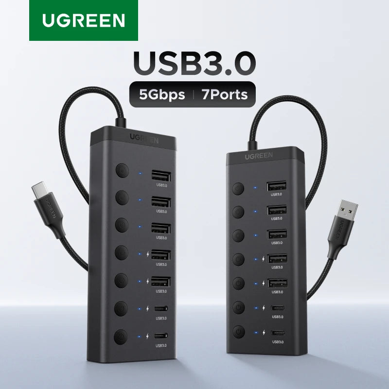 UGREEN USB-A/C HUB 7 Ports with DC Adapter US/EU/UK Plug USB3.0 5Gbps Data Transfer for Desktop PC Laptop USB Splitter Docking