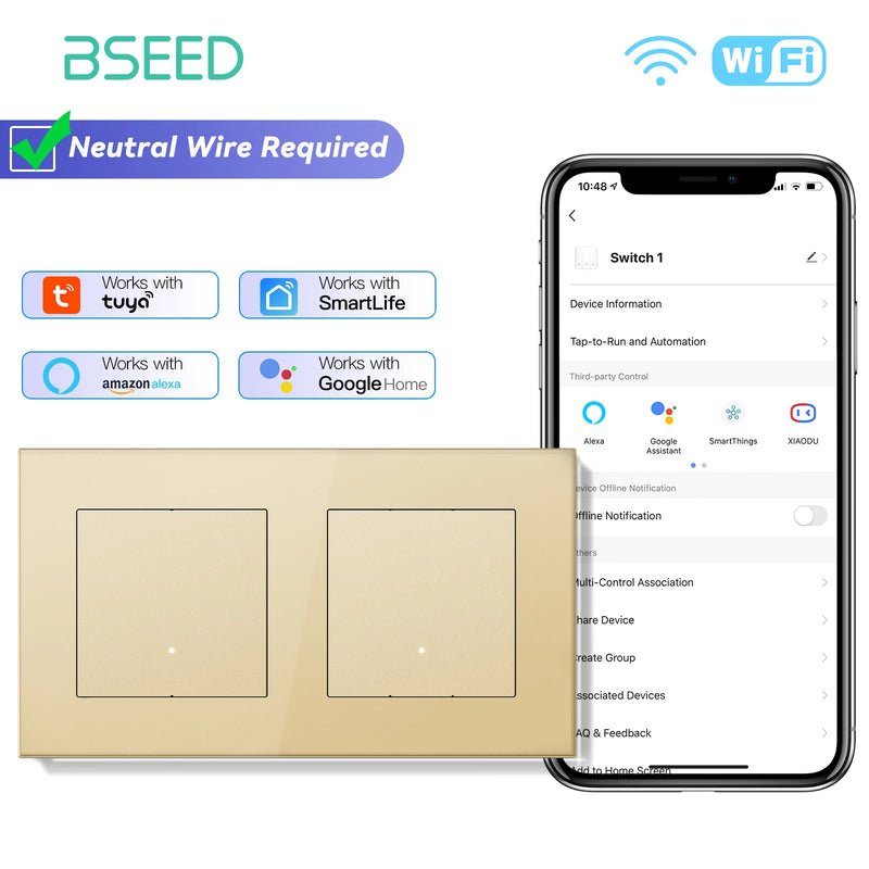 BSEED WIFI Smart Push Button Switch 1/2/3/4Gang 2Way APP Remote Control Glass Panel LED Indicator Tuya Smart Life Alexa Control