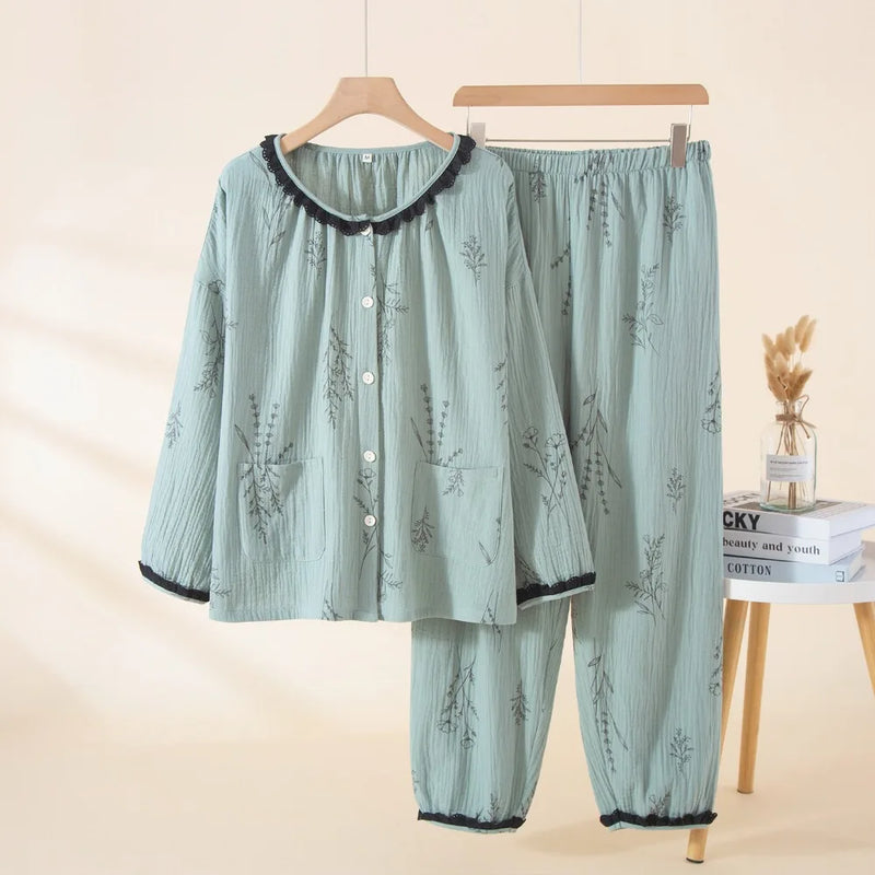 Women's Pajamas Suit Autumn New Long-sleeved Trousers Two-piece 100% Cotton Sleepwear Night Wear for Ladies 2PCS Pjs Woman Set