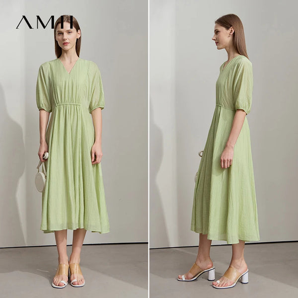 រ៉ូបការិយាល័យ AMII Minimalist សម្រាប់នារីរដូវក្តៅ ឆ្នាំ២០២៥ ដៃអាវរាងចង្កៀង V-neck រ៉ូបប៉ាក់រលុង ម៉ូដសម្រាប់នារី 12522090