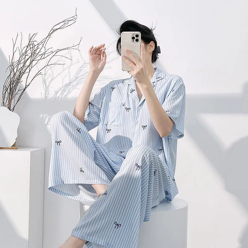 Floral Pajamas Woman Summer Night Wear Ladies 2 Piece Pijama Cardigan Lapel Short Sleeve Homewear Loungewear Home Suit 2026 New