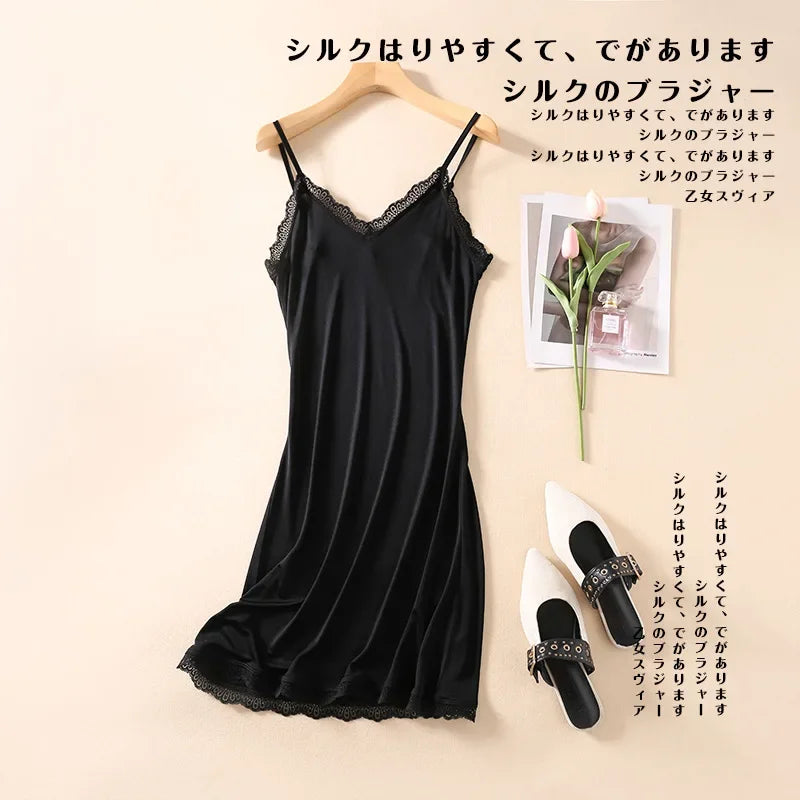 Hot Sale Thin Sling Nightdress Women Summer Nightgown Mulberry Silk V-neck Lace Sexy Suspender Nightdress Ladies' Night Dress