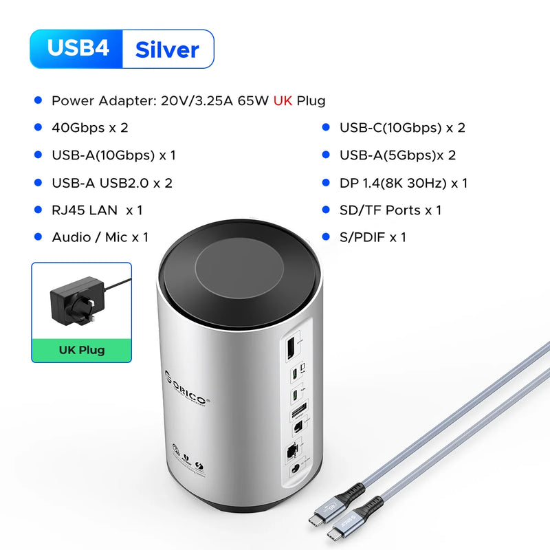 ORICO USB4 Type C Docking Station for MacBook Pro M1 M2 USB 3.0 HUB 8K HDMI-compatible DP RJ45 Audio With Power Adapter