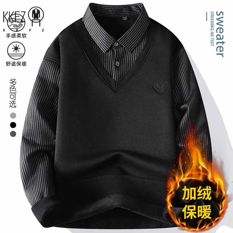 Thermal Knitted Top For Men Fake Two Piece Waistcoat Style Stretch Striped Sleeve Shirt Collar Daily Wear Base Layer Outfit
