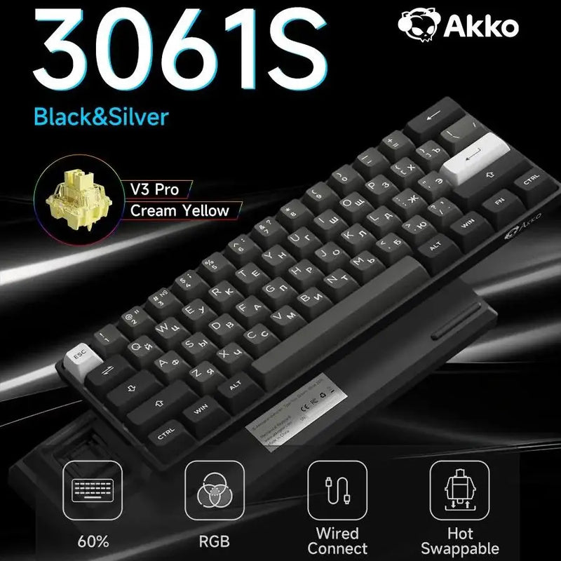 Akko 3061S Black&Silver Wired Mechanical Gaming Keyboard RGB Backlit Russian ASA Profile PBT Double Shot Keycaps