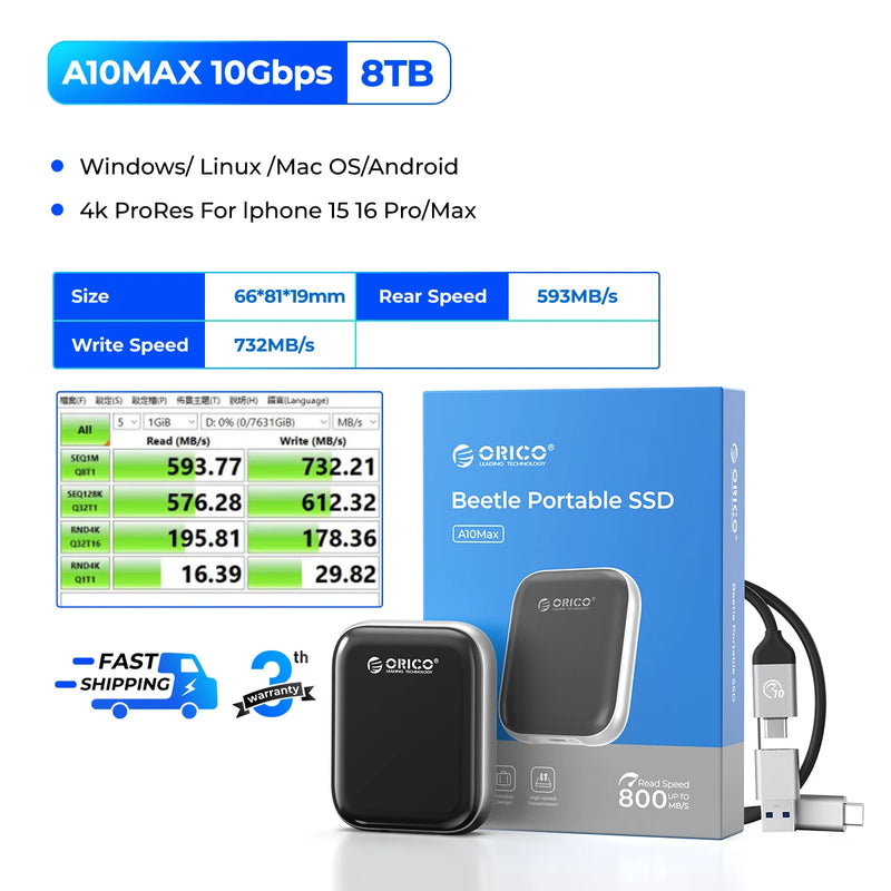 ORICO 8TB Extreme Portable SSD Up to 460MB/S 1000MB/S External Solid State Drive for Gaming and Content Creation A5MAX A10MAX