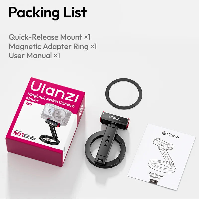 ជើងទ្រកាមេរ៉ា Ulanzi MA04 MagLock Quick-Release Mount សម្រាប់កាមេរ៉ា DJI Action 6 5 4 3 Action ដែលអាចទ្របានជាមួយវីស 1/4" Tripod Mount