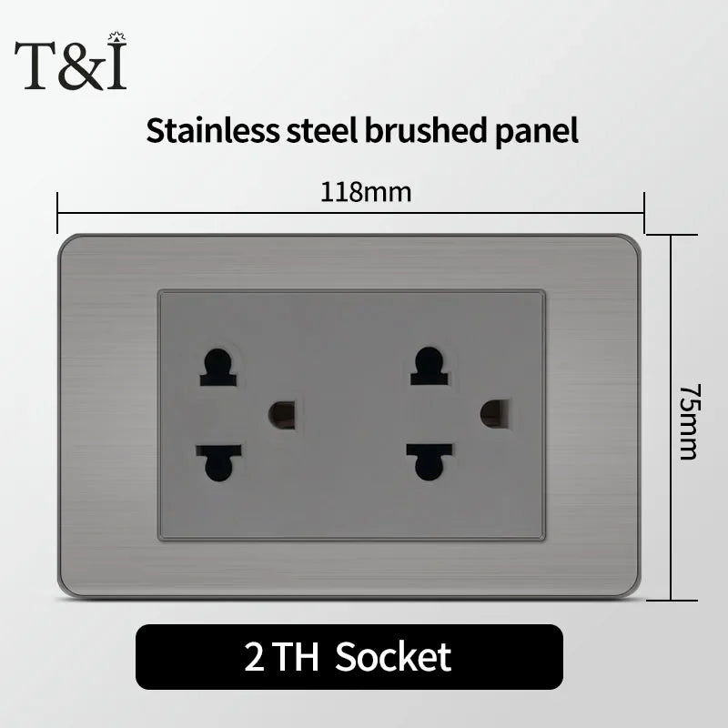 T&I 118 Premium Stainless Steel Brushed Wall Socket with USB Type - C, US Switch, Thai Plug for Home & Office Use