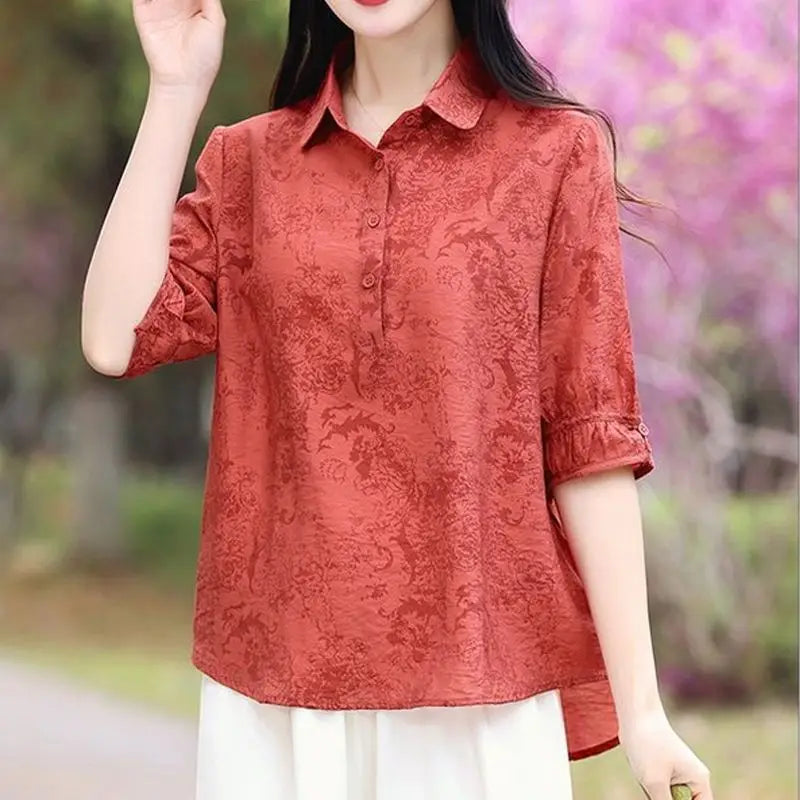 អាវយឺតថ្មីរដូវក្តៅ កអាវ Jacquard ប៊ូតុង ដៃអាវពាក់កណ្តាលធម្មតា ឆើតឆាយ រលុង សម្រាប់ស្ត្រីធ្វើដំណើរទៅធ្វើការ