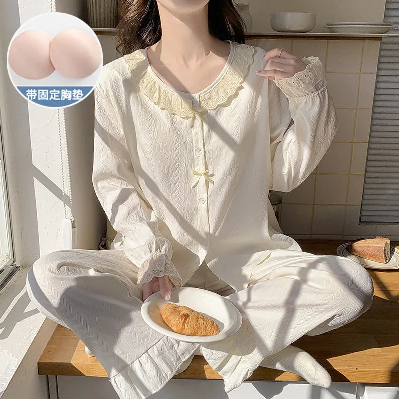 Pajama Woman Winter Sleepwear Set New Casual Chest Pad Long Sleeve Top Pant Suit Spring Autumn Cotton Women's Home Clothes