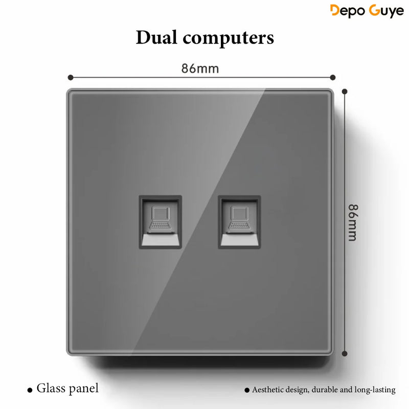 Grey Tempered Glass UK Standard 13A Wall Switch Socket with LED USB Type-C TV CAT6 Data Outlet British Electrical Wall Panel