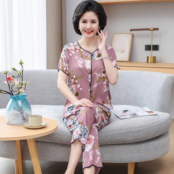 ឈុតគេង Fdfklak កប្បាសរ៉ាយ៉ុងសម្រាប់ស្ត្រី ខោខ្លីរដូវក្តៅ ឈុតពីរដុំ សម្លៀកបំពាក់ធម្មតាសម្រាប់ម្តាយវ័យកណ្តាល សម្លៀកបំពាក់នៅផ្ទះ ទំហំ XL-4XL