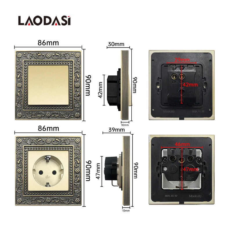 Deopoguye Vintage EU FR UK Light Switch Socket,Europe Standard Metal Zinc Alloy Push 1/2/3Gang Switch Panel for Home Improvement
