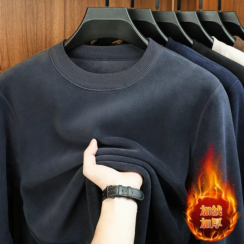 Men's Velvet Hoodie, Long Sleeve Round Neck Monochromatic Casual Versatile Top Autumn Winter Fashion
