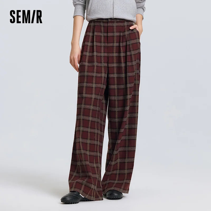 Semir Wide Leg Pants High Waist Pleated Elastic Waist Plaid Soft Comfortable Casual Streetwear Trendy Everyday Women Spring 2025